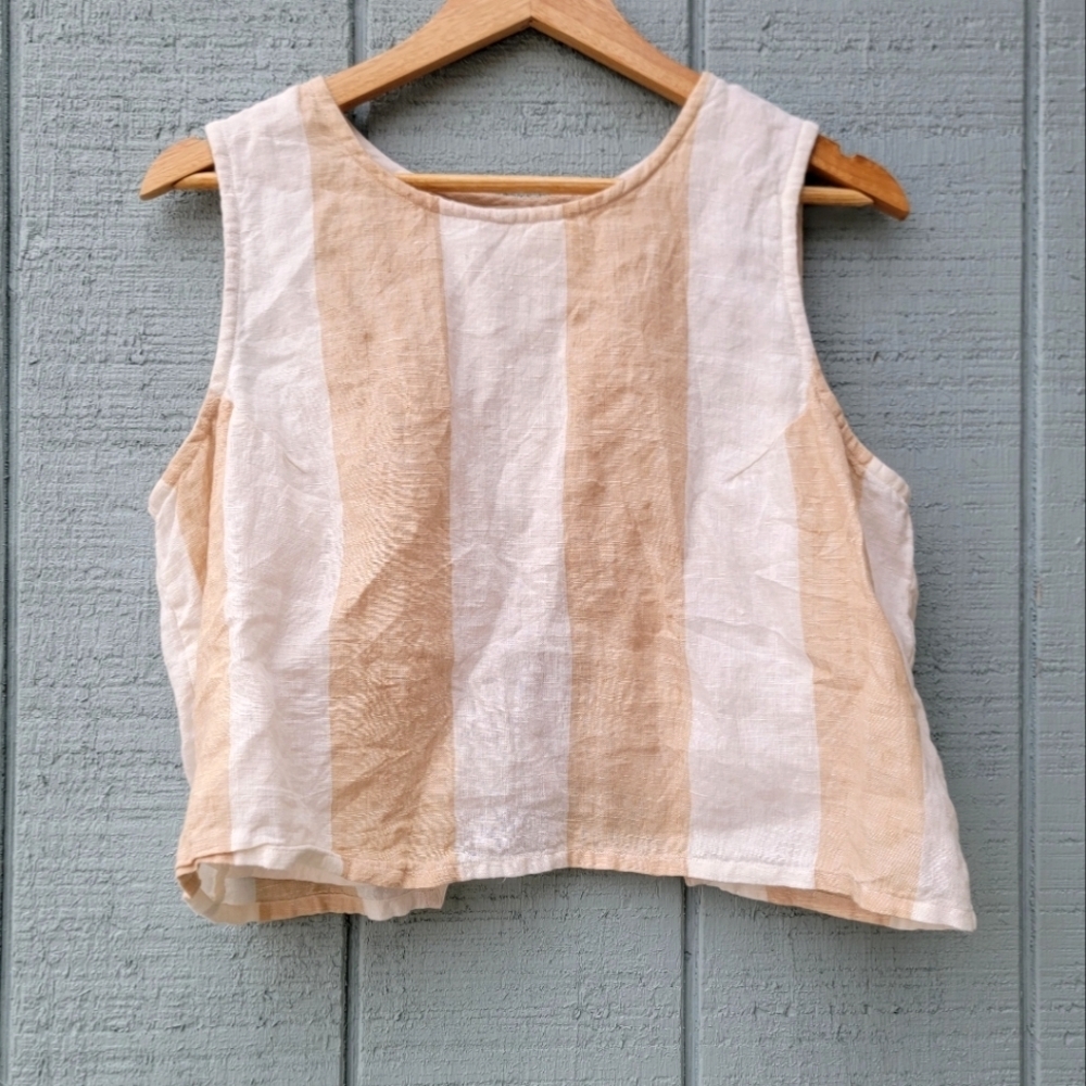 Laude the Label 100% Linen Striped Cropped Open Back Top sz XL Ivory Oatmeal